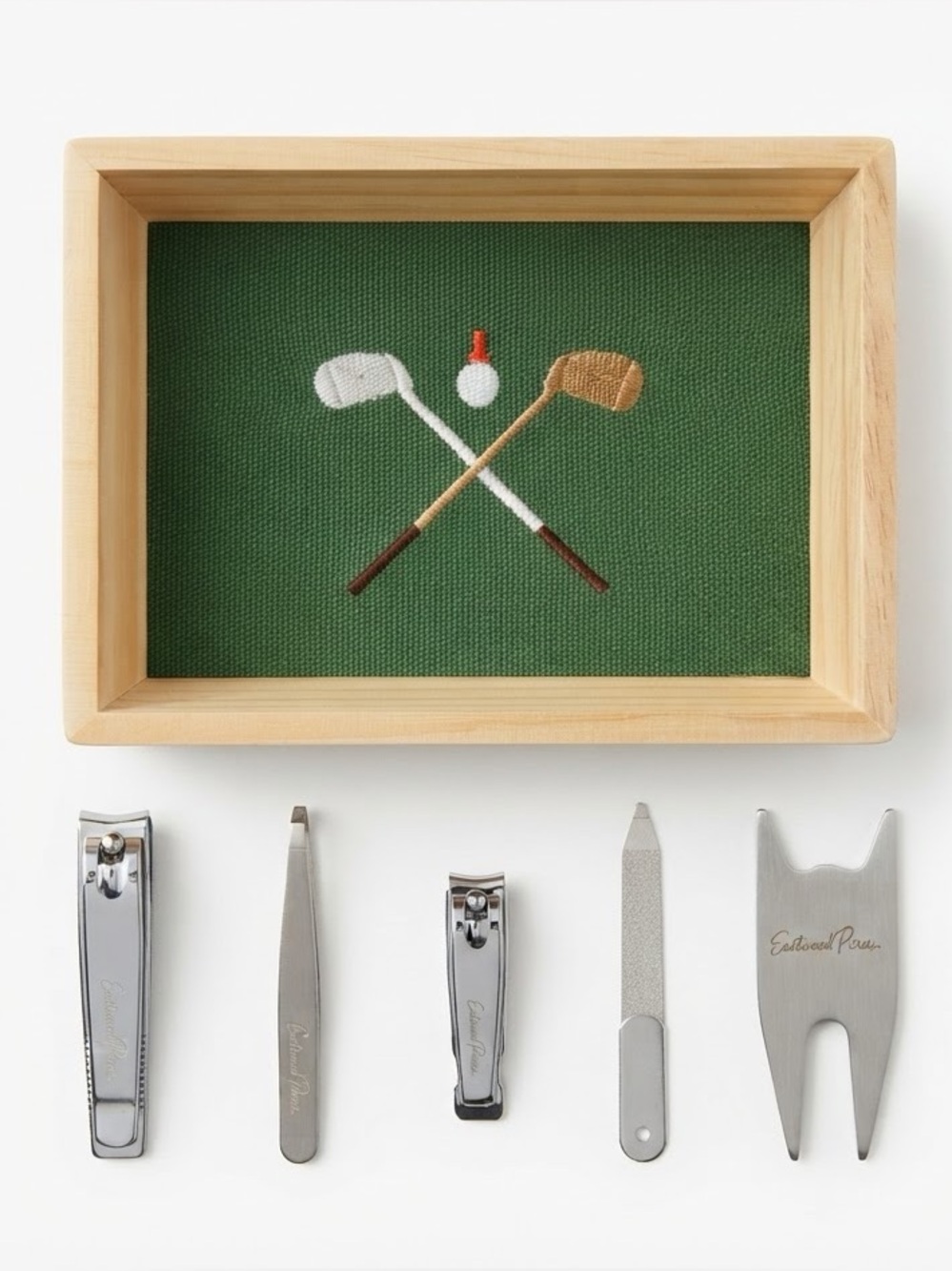 NWT Eastwood Pines Golf Needlepoint Wood Valet Tray 5-Pc Grooming Set Divot Tool